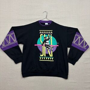 Vintage Ski Graphic Sweatshirt Black Purple Yellow Retro 80s 90s Size L